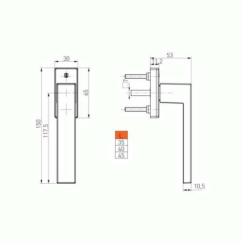 Ручка оконная Internika Dublin 40 мм, алюминиевая, 2 винта, антрацит матовый RAL7016M (45°)