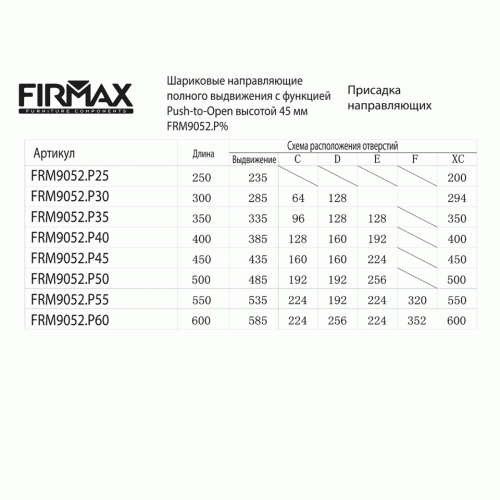 Направляющие шариковые Firmax Push-open полного выдвижения, h=45 мм, L=500 мм, цинк (2 части), толщина 1, 2*1, 2*1, 5 мм
