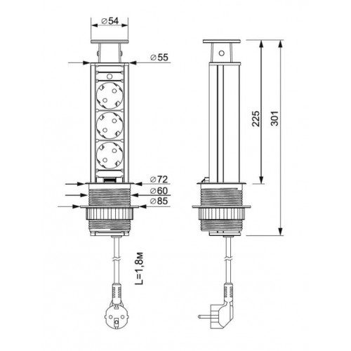 Выдвижной блок розеток D-60 мм, серебристый, 3 розетки Euro, 250V, 3.5kW