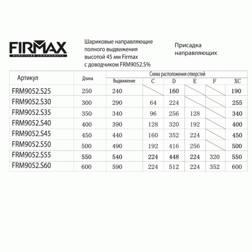 Направляющие шариковые Firmax Soft-Close полного выдвижения, h=45 мм, L=500 мм, цинк (2 части), толщина 1, 2*1, 2*1, 5 мм