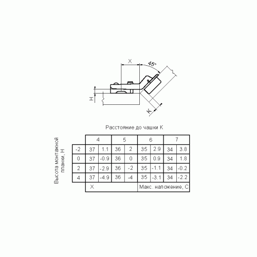 Петля Firmax для угловых дверей 45° Slide-on, угол открывания 110°, 48 мм, шуруп, сталь