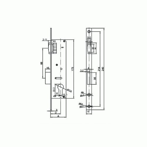 Замок Elementis с ригелем и роликовой защелкой 155 PZ/F16/25