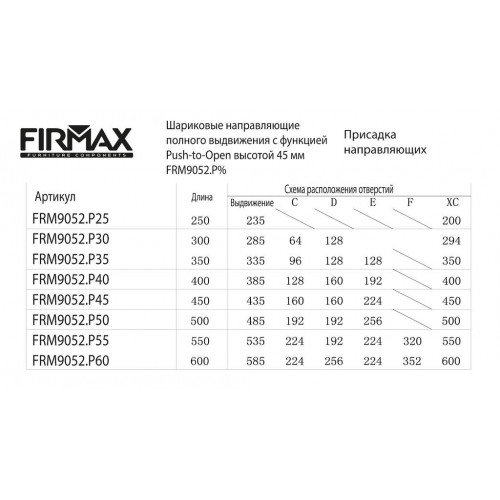 Направляющие шариковые Firmax Push-open полного выдвижения, h=45 мм, L=600 мм, цинк (2 части), толщина 1, 2*1, 2*1, 5 мм