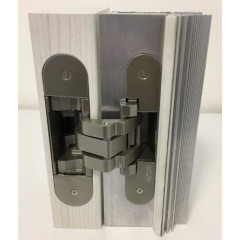 Петля скрытая для компланарных дверей, универсальная, 3D, 130x32/25 мм, 60 кг, цамак и алюминий, с 4 накладками и 4 винтами, никель матовый