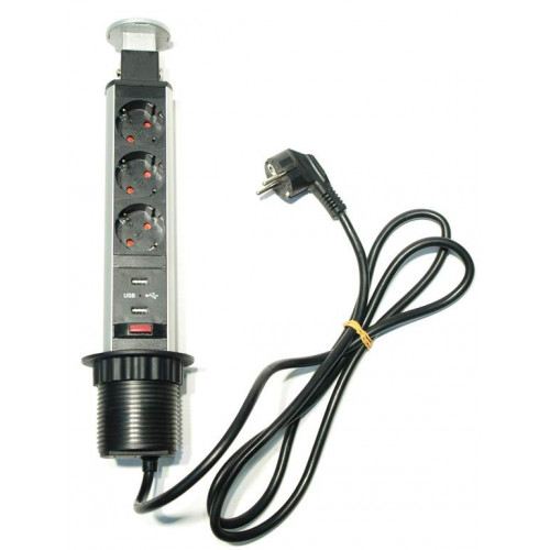 Выдвижной блок розеток D-60 мм, серебристый, 3 розетки Euro + 2USB, 250V, 3.5kW