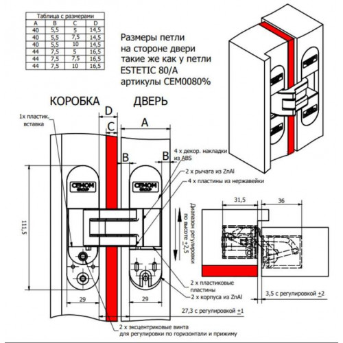 Петля дверная скрытая универсальная со смещением плоскостей, 3D, 111.5x29 мм, 50 кг, цамак хром сатин., с 4 пласт. колпачками