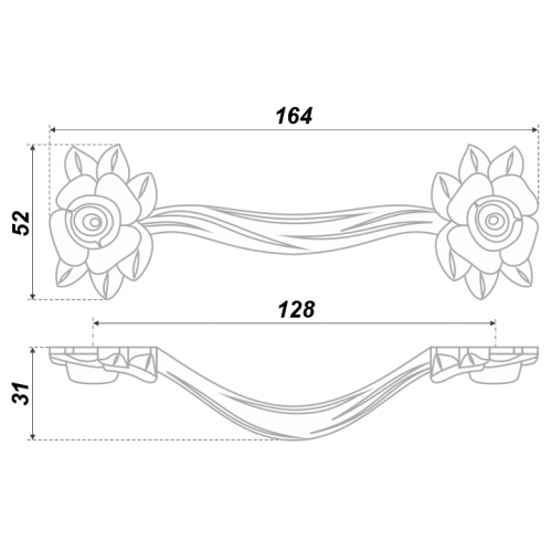 Мебельная ручка LULU ROSE, межосевое расстояние 128 мм, длина 128 мм, сатиновое золото, старинное серебро